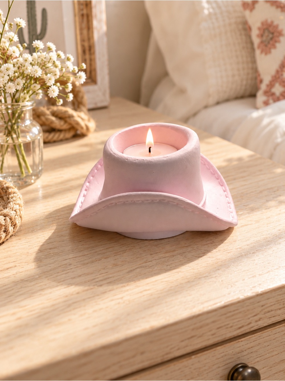 Handcrafted Pink Ceramic Cowboy Hat Tealight Holder